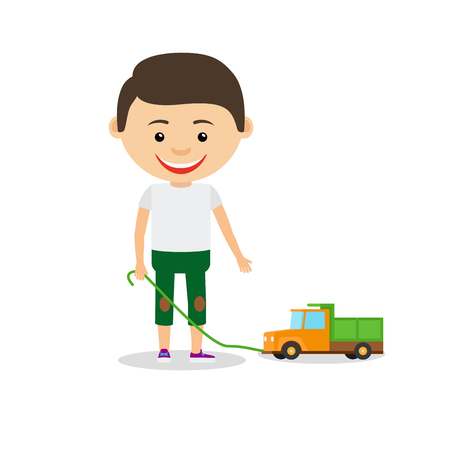 Little boy shows his toy car, isolated on the white background. Vector illustrationのイラスト素材