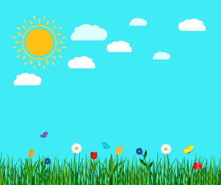 Spring green grass and flowers with butterfly landscape, vector illustrationのイラスト素材