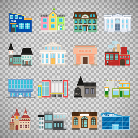 City buildings flat icons isolated on transparent background. Daycare and hotel, courthouse and airport, bus station and the business center. Vector illustrationのイラスト素材