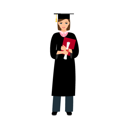 Student graduation vector illustration. University female student graduate isolated on white backgroundのイラスト素材