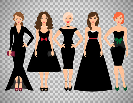 Young women in different black dresses vector illustration. Black fashion female model portrait isolated on transparent backgroundのイラスト素材