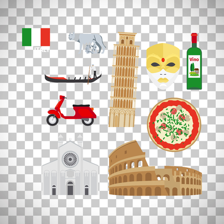 Italy flat icons set isolated on transparent background, vector ilustrationのイラスト素材