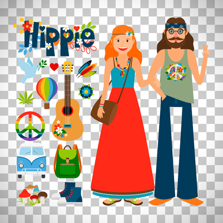 Hippie woman with long hair and man with guitar isolated on transparent background, vector illustrationのイラスト素材