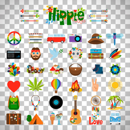 Hippie flat icons, vector hippie signs isolated on transparent backgroundのイラスト素材