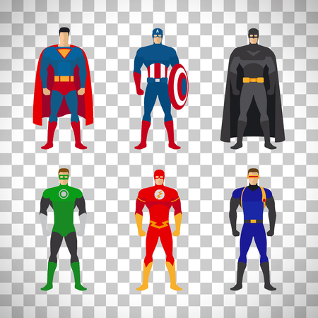 Superhero costumes. Vector set of clothes for super heroes isolated on transparent backgroundのイラスト素材