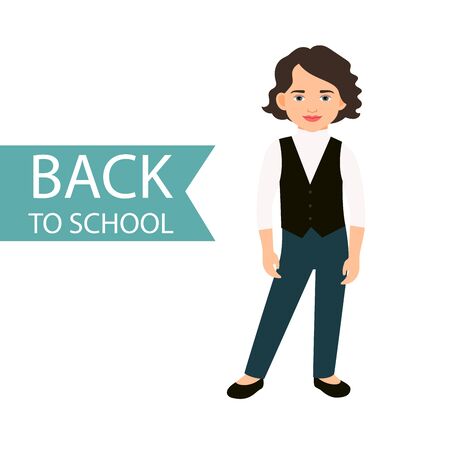 Back to school little girl in uniform isolated on white background, vector illustrationのイラスト素材