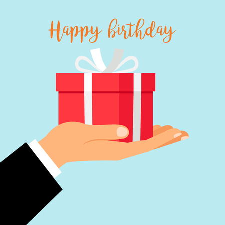 Man hand holding gift box with happy birthday text, vector illustrationのイラスト素材