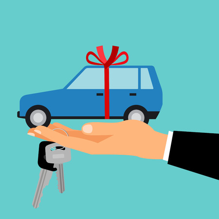 Man holding in hand on palm car with red ribbon. Car gift concept. Vector illustrationのイラスト素材