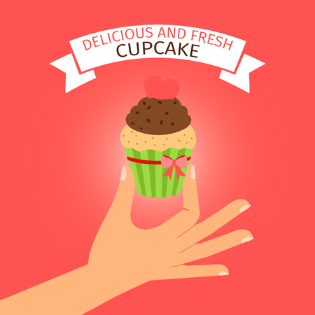 Delicious and fresh cupcake on the red background. Hand holding muffin vector illustrationのイラスト素材