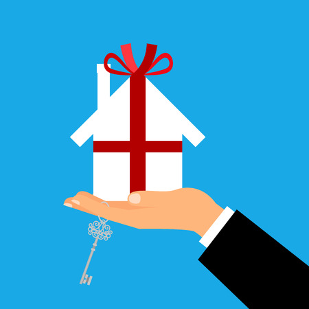 Man holding a white paper house as a gift wrapped with ribbon and bow. Vector illustrationのイラスト素材