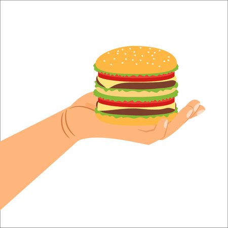 Unhealthy food isolated vector illustration. Hand holding hamburgerのイラスト素材