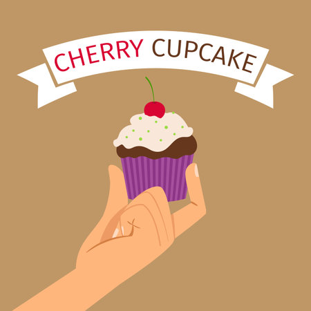 Hand holding cupcake with cherry, cute vector illustrationのイラスト素材