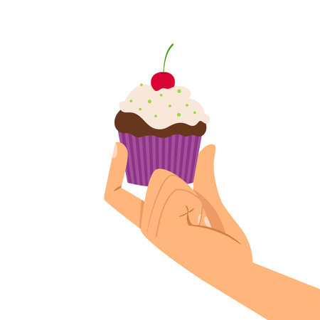 Hand holding cherry cupcake, vector isolated on whiteのイラスト素材