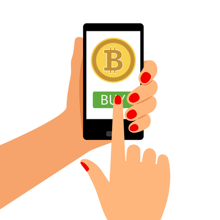 Business woman holding smartphone with Bitcoin, vector illustrationのイラスト素材