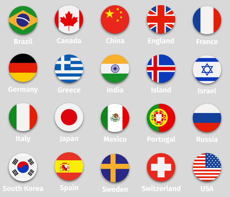 World flags set, round icons with shadow isolated vector illustrationのイラスト素材