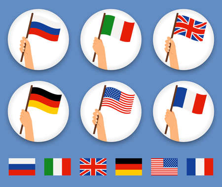Flag in hand round icons set. Human hands holding flags of different countries, vector illustrationのイラスト素材