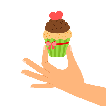 Cupcake with red heart in hand, gift vector illustrationのイラスト素材