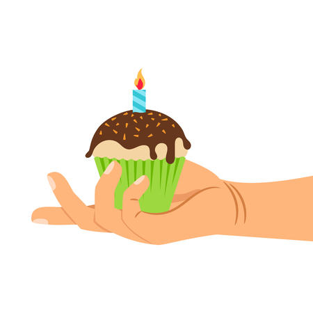 Hand holding cupcake decorated with candle, isolated on white, vector illustrationのイラスト素材