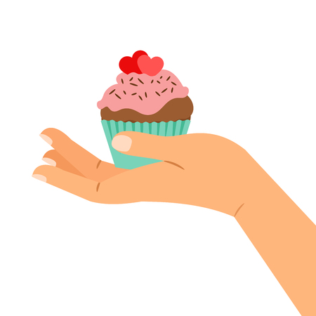 Cupcake gift vector illustration. Hand holding pastry cupcake decorated with two hearts, isolated illustrationのイラスト素材
