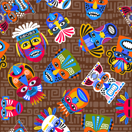 Brown tribal seamless pattern with masks and geometric stylezed spirals, vector illustrationのイラスト素材