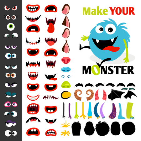 Make a monster icons set, with alient eyes, mouths, ears and horns, wings and hand body parts. Vector illustrationのイラスト素材