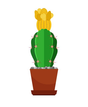 Cactus with yellow flower in ceramic pot. Houseplant vector icon on white backgroundのイラスト素材