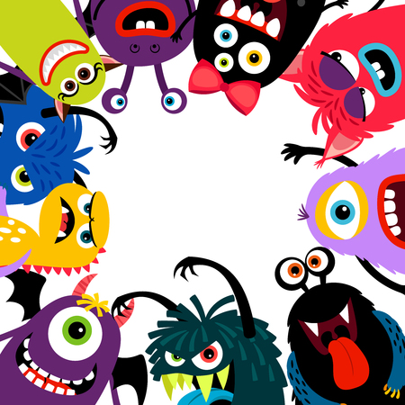 Colorful monsters frame card. Cute funny creatures, happy and scary children greeting card, vector illustrationのイラスト素材