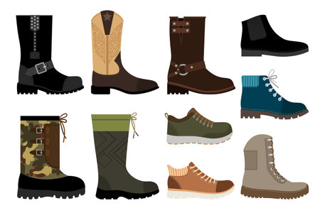 Shoes for men. Mans footwear like leather sneakers and winter and autumn boots isolated on white background. Vector illustration.のイラスト素材