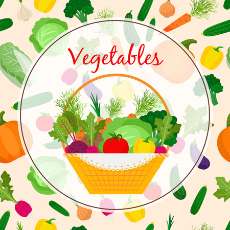 Autumn fresh vegetable in basket Vector illustration.のイラスト素材