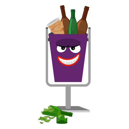 Garbage monster face can for children with glass waste, vector illustrationのイラスト素材