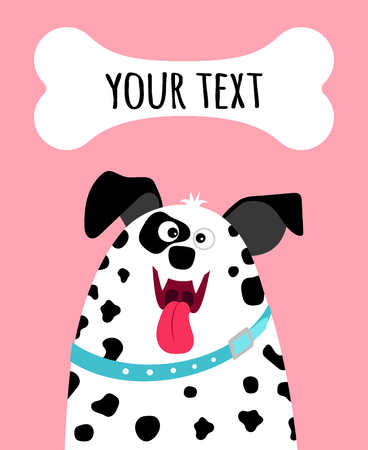 Greeting card with happy dalmatian dog face and place for text on pink background, vector illustrationのイラスト素材