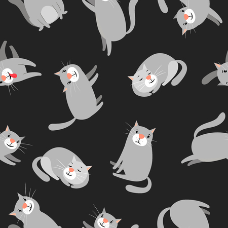 Cats in different poses pattern on dark background, vector illustrationのイラスト素材