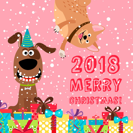 Pink greeting dog Christmas 2018 cardのイラスト素材