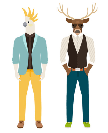 Men with the heads of parrot and deer in casual clothes. Antropomorphic vector icons setのイラスト素材