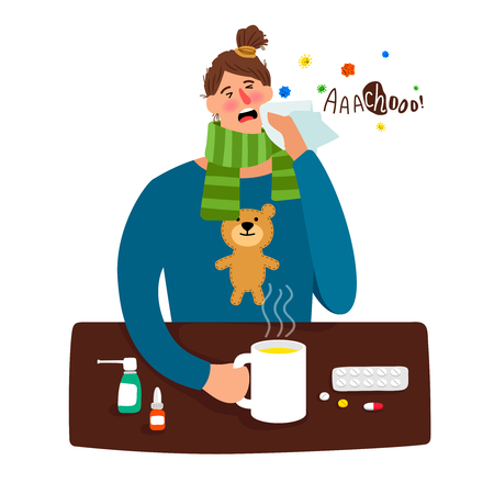 Cartoon sick girl with feverのイラスト素材
