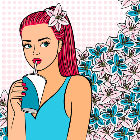 Red hair girl with cup of drinkのイラスト素材