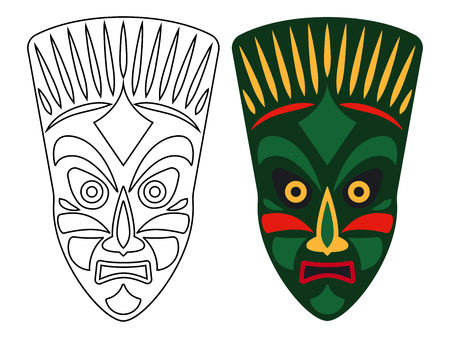 Tribal african masks, color and outline masks isolated on white background, vector illustration