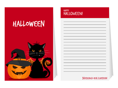 Halloween notepad with black cat and pumpkin vector illustrationのイラスト素材