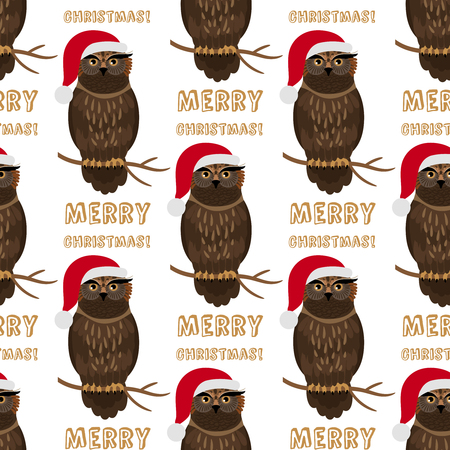 Christmas owl with Santa hat seamless pattern, vector illustrationのイラスト素材