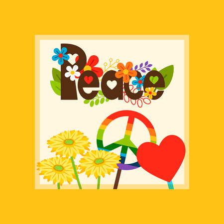 Bright vector card template with hippie style peace and peace symbolsのイラスト素材