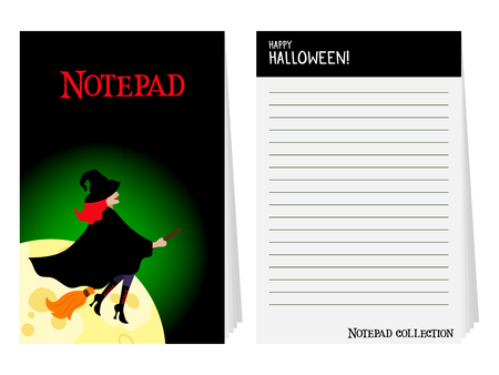 Halloween notepad collection. Notebook cover template with witch and moon, vector illustrationのイラスト素材