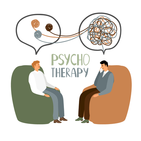 Psychotherapy treatment, doctor and patient sitting and talking, vector concept illustrationのイラスト素材