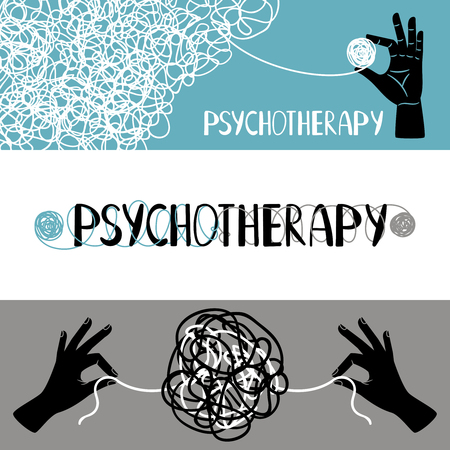 Psychotherapy concept banners set, with human hands untangling thrads, vector illustrationのイラスト素材
