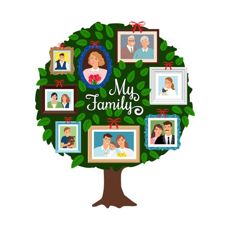 Family tree. Vector genealogical tree with green leaves, grandfather and sister, ancestor and friendly people isolated on whiteのイラスト素材