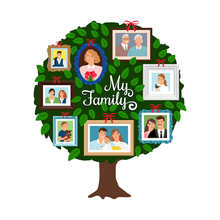 Family tree. Vector genealogical tree with green leaves, grandfather and sister, ancestor and friendly people isolated on whiteのイラスト素材