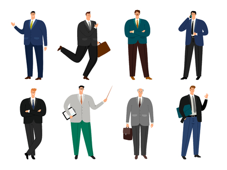 Office cheerful man. Businessmen full body avatars vector illustration, smiling cartoon positive business human isolated on white backgroundのイラスト素材