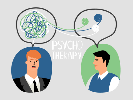 Psychotherapy concept illustration with male doctor and parient avatars, vector illustrationのイラスト素材