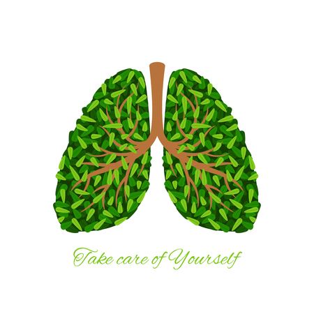 Green lungs, tree branches and leaves human lungs vector icon on white backgroundのイラスト素材