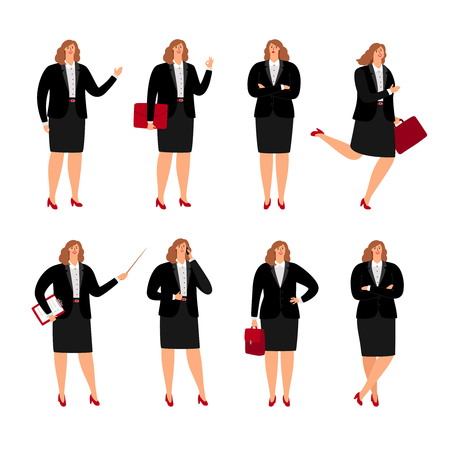 Businesswoman poses. Standing plussize business woman person in corporate skirt, cartoon female office ladyのイラスト素材