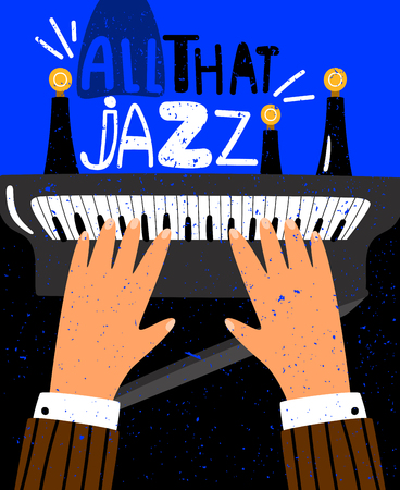 Jazz vector concept poster with piano keyboard and human handsのイラスト素材